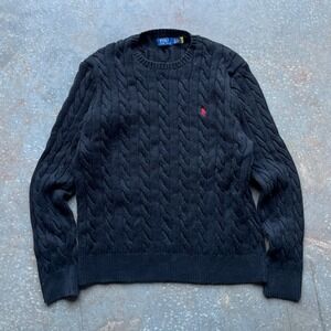 Polo Ralph Lauren Mens XL Black Cable Knit Cotton Crew Neck Sweater Red Pony